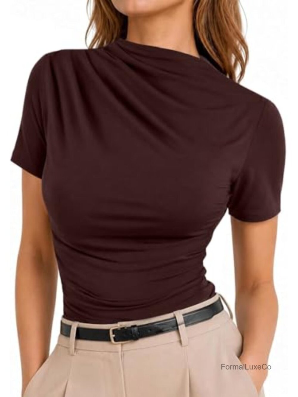 Women's Ruched Mock Neck Top Business Casual Short Sleeve Viscose Blend